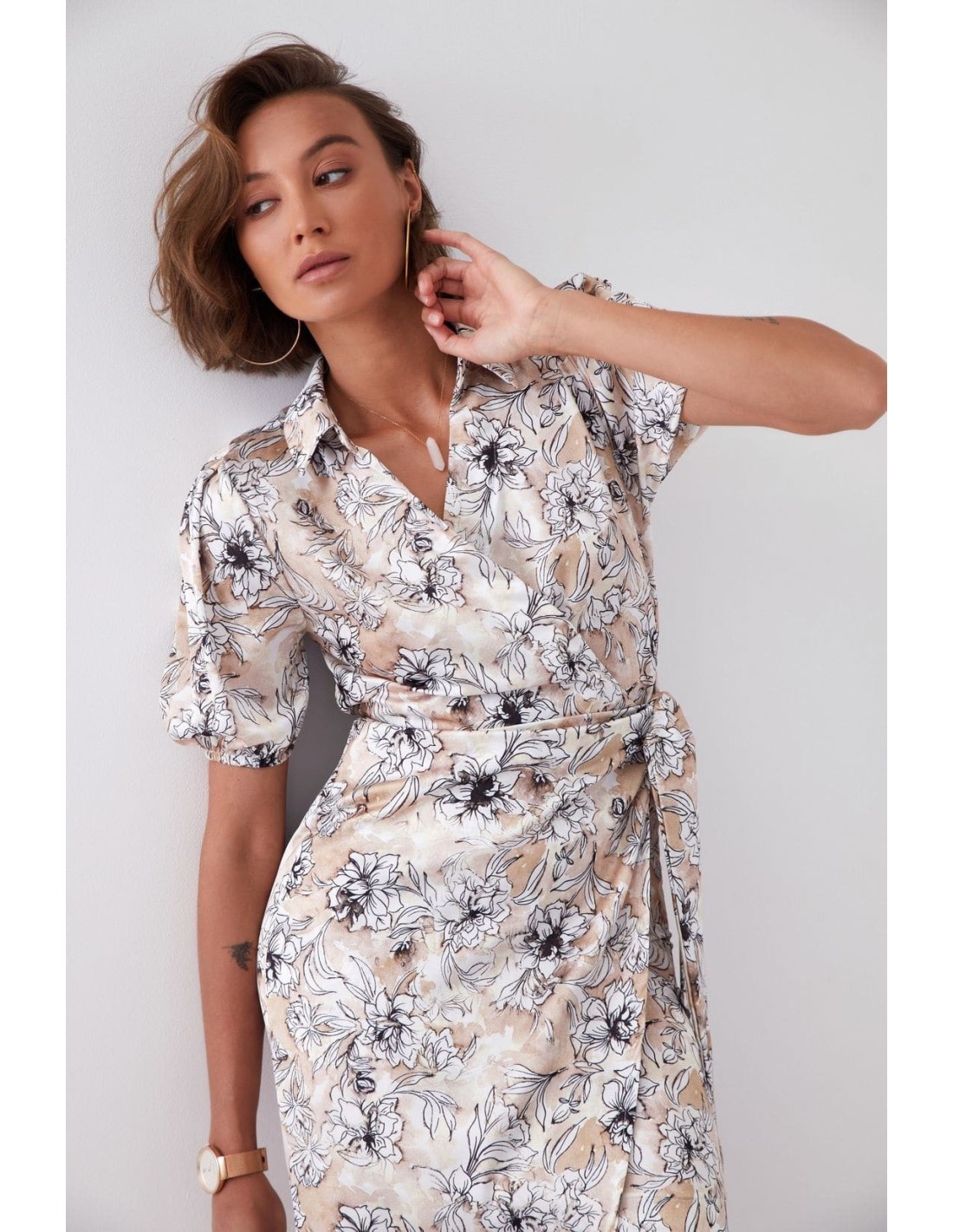 Rochie cu guler cu imprimeu floral, bej FG638 - Magazin online - Boutique